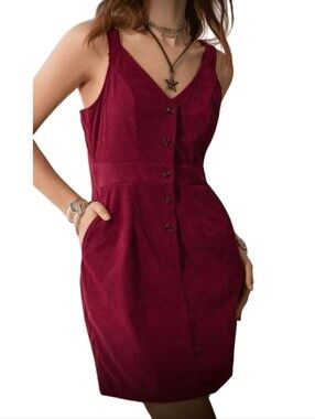 SHEIN Burgundy Corduroy Button-Front Pinafore Dress - Women